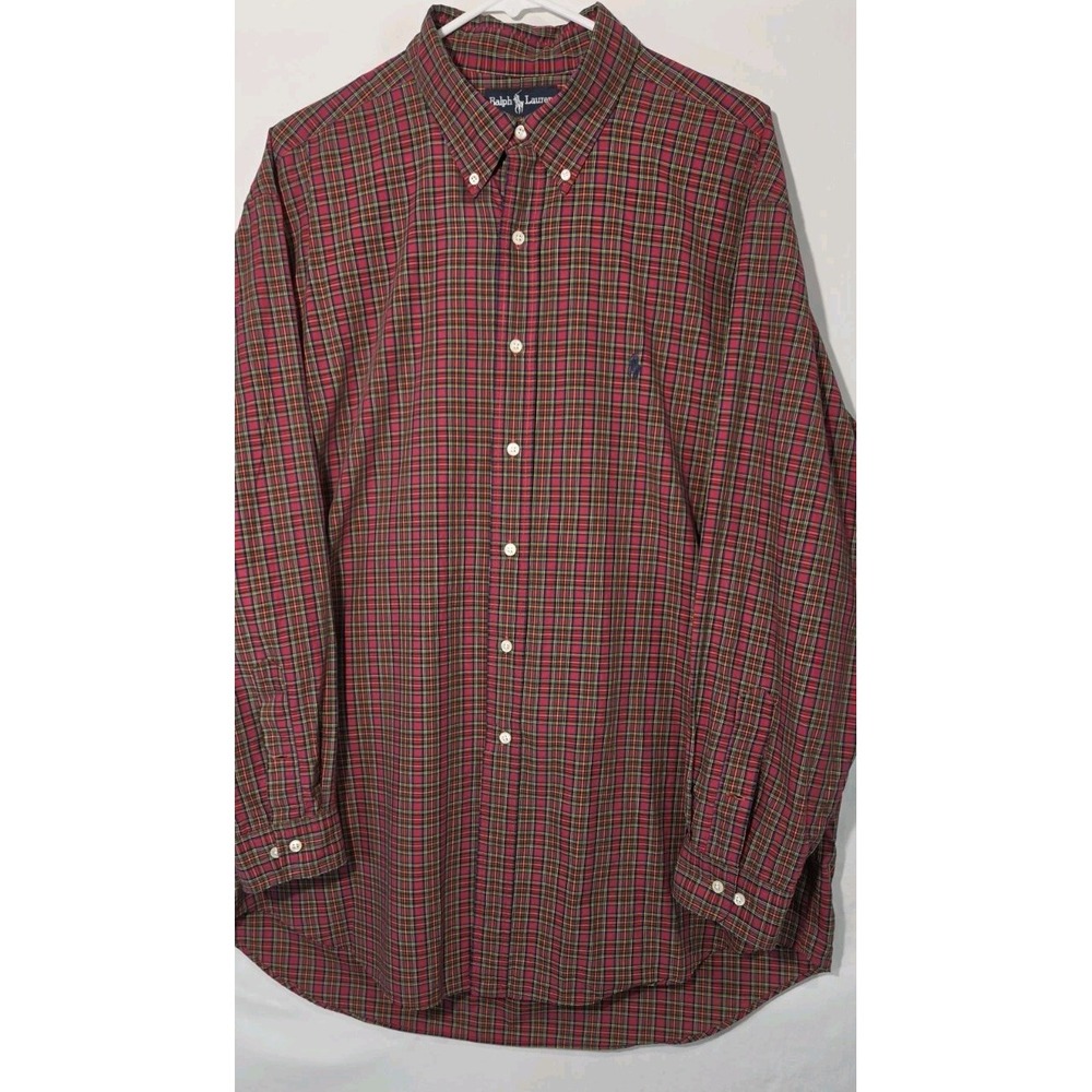 Ralph Lauren Yarmouth Button Down Shirt Red Tartan Plaid Cotton Mens 17.5 34/35